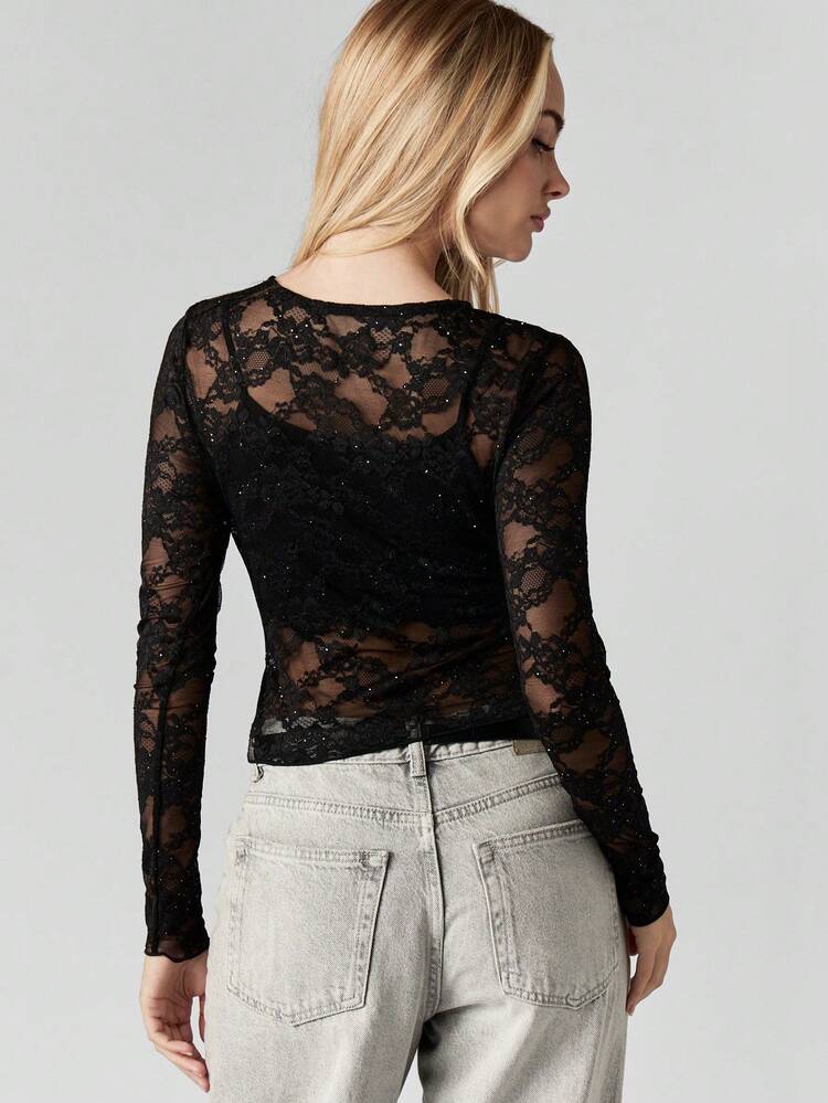 MISSGUIDED Glitter Lace Long Sleeve Fitted Top With Sparkle Embellished Semi Sheer Details