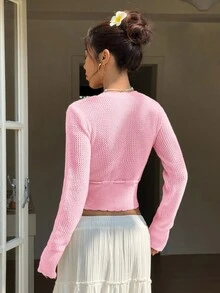 SHEIN Unity Women's Floral Pattern Hollow Out Knit Button-Up Cardigan - Baby Pink - View 2