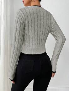 EMERY ROSE Autumn/Winter Fashion Butterfly Embroidery V-Neck Cable Knit Women Pullover Sweater - Light Grey - View 2