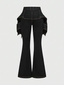 ROMWE Gothic Style Halloween Bat Wing Design Women's Flare Jeans - Black - View 2