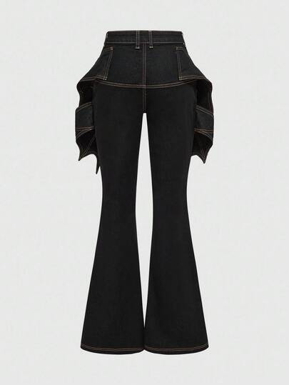 Goth Gothic Style Halloween Bat Wing Design Women's Flare Jeans