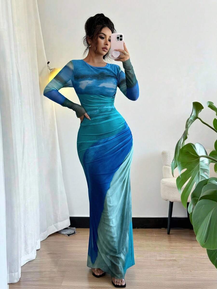 Rafferiza Đầm Maxi Cổ Tròn Tay Dài In Họa Tiết Ombre Cho Nữ - Nhiều màu - Xem 1