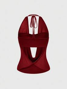 ROMWE Hippie 女式 Y2K 复古深垂领露背街头风格露肩背心（含吊带背心衬里） - 酒紅色 - 查看 2