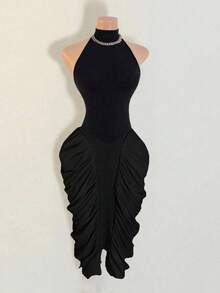 Mistrie Rochie Midi elegantă de vară vintage, fără mâneci, cu guler înalt, cu halter în contrast, cu talie plisată, mulată, pentru femei - Negru - Vizualizare 5