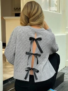 Livesso Women's Loose Fit Round Neck Bowknot Hollow Back Sweater