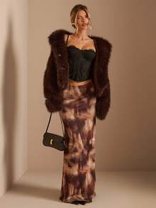 SHEIN BAE 女士中腰棕色扎染印花网眼裙，适合婚礼、万圣节、夜间外出、活动、节日，优雅女士裙，棕色裙子 - 棕色 - 查看 6