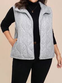 SHEIN LUNE 大码女式拉链前开襟休闲口袋宽松背心外套，秋冬季万圣节圣诞节万圣节服装女式休闲日常穿着，商务休闲教师装 - 灰色 - 查看 8