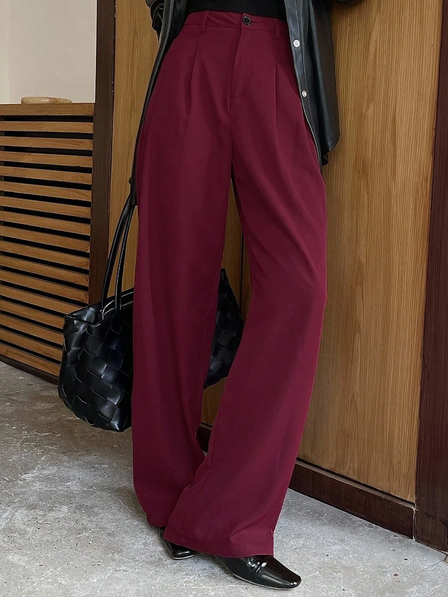 DAZY 女式条纹商务休闲常规裤秋季 - 酒紅色 - 查看 1