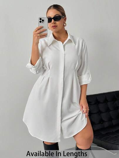 SHEIN PETITE CURVE Plus Size Solid Button Front Shirt Dress Long Blouses White Shirt Dress Women Shirt Dress Long Shirt Oversized Shirt