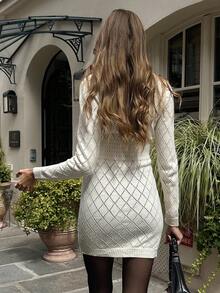 Chiquease Women's Elegant Rhombus Pattern Long Sleeve Knitted Sweater Dress, Autumn/Winter - Apricot - View 2