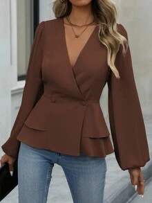 EMERY ROSE Áo sơ mi nữ tay dài cổ chữ V màu trơn tối giản, vừa vặn thoải mái - Cà phê nâu - Xem 3