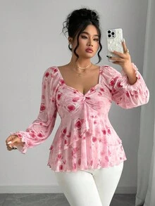 Elenzga Plus Size Women Elegant Pink Elastic Mesh Square Collar Long Puff Sleeve Ruffle Hem Blouse - Pink - View 4