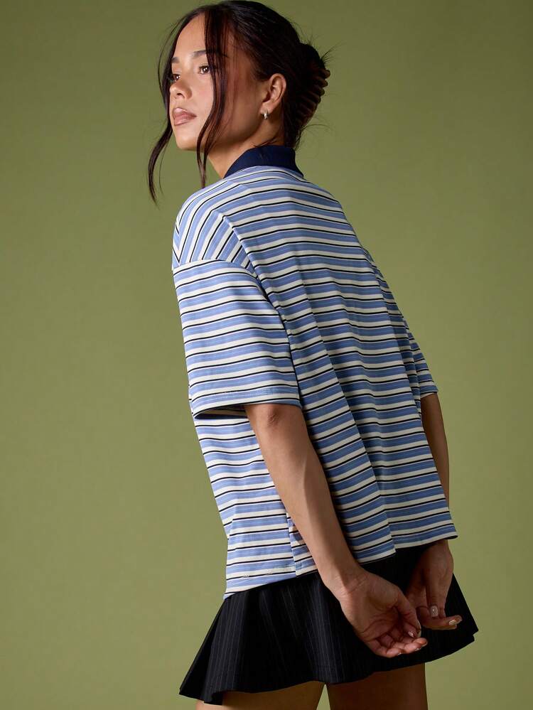 MISSGUIDED Camisa Polo Feminina de Manga Curta com Listras