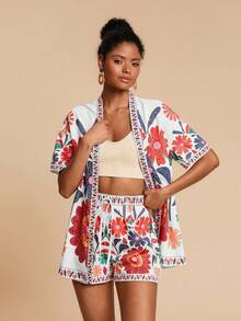 Travachic 2 件套女士度假宽松梭织短袖衬衫和高腰宽松短裤 - 白色 - 查看 5