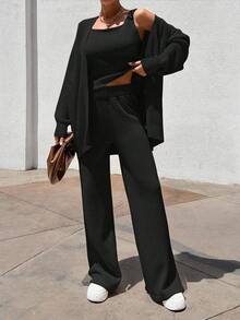 EURMUSE Women 3 Pieces Set TOP CARDİGAN AND PANTS - Black - View 4