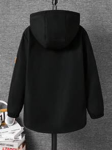 SHEIN Áo khoác dáng lửng có mũ, màu đen, dành cho bé trai tuổi teen, kiểu dáng thể thao thường ngày, có dải lông trang trí, lớp lót lông dày dặn. Thích hợp cho trẻ em đi học, dự tiệc sinh nhật, tiệc tối, biểu diễn, lễ khai mạc, mặc hàng ngày, đi học, chơi thể thao, thích hợp cho mùa thu và mùa đông. - màu đen - Xem 3