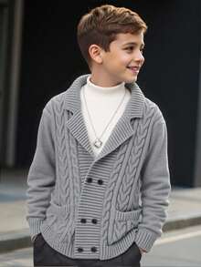 SHEIN 1-Pack Tween Boy Casual Sports College Thick Double-Breasted Gray Cardigan Sweater With Twisted Pattern Decoration, Suitable For Kids Outfits Toddler Boy Clothes Back To School Boys Set Suitable For Birthday Parties, Evening Parties, Performances, Opening Ceremonies Daily Suitable For Daily Use Suitable For School Suitable For Suitable For Sports Suitable For Autumn And Winter - Grey - View 1