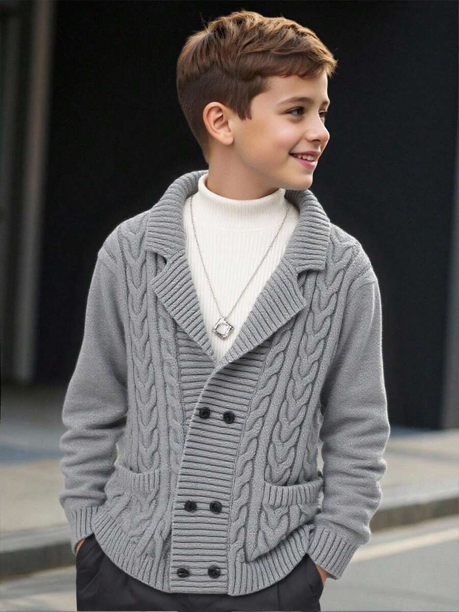 SHEIN 1-Pack Tween Boy Casual Sports College Thick Double-Breasted Gray Cardigan Sweater With Twisted Pattern Decoration, Suitable For Kids Outfits Toddler Boy Clothes Back To School Boys Set Suitable For Birthday Parties, Evening Parties, Performances, Opening Ceremonies Daily Suitable For Daily Use Suitable For School Suitable For Suitable For Sports Suitable For Autumn And Winter - Grey - View 1