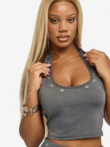 SUMWON WOMEN 带孔眼装饰的露背背心短款夏季节日无袖吊带背心 - 深灰色 - 查看 1