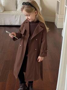 SHEIN Young Girl Woven Double-Breasted Lapel Loose Long Frenchy Windbreaker, Parka Jacket, Trench Coat,Casual Military Style, Suitable For Commuting And Outdoor Wear,Suitable For Commuting And Outdoor Wear,Spring/Summer/Autumn/Winter,Y2k Outfits For Girls Girls Metallic Jacket Girls Y2k Outfits Y2k Jacket Silver Jacket Kids Baddie Outfits Young Girl Outfits,For Halloween.Back To School Seasom.,Mommy & Sister & Me Matching. Fall - Brown - View 3