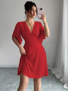 Elenzga New V-Neck Ruched Bust Ruffled Sleeve Waist Cinched Elegant Mini Dress For Women, Flattering & Slimming