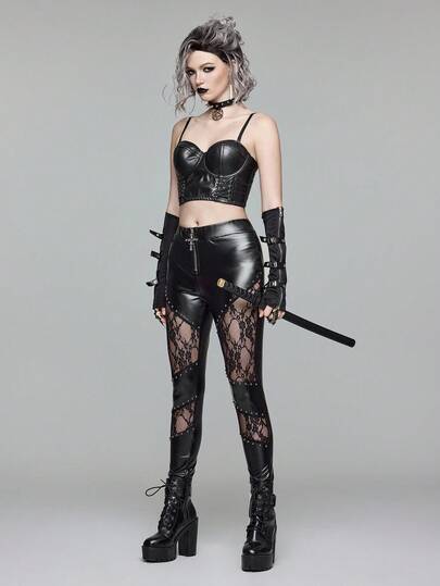 Goth Gothic Style PU Leather & Contrast Lace Cross Skinny Pants For Women