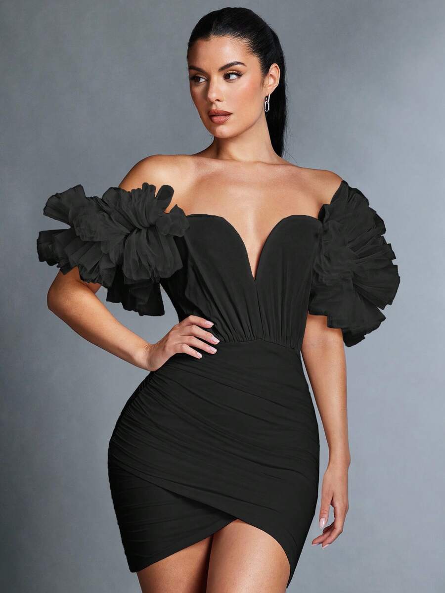 SHEIN BAE Của phụ nữ Màu thuần Off Shoulder Lưới Viền Ruffle Váy quấn - màu đen - Xem 1