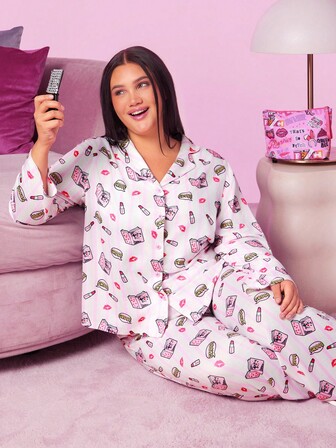 Mean Girls X SHEIN Plusstorlek Vår Höst Heltäckande Tryck Slagkrage Skjorta & Byxor Pyjamas Set, Höstkläder, Mysig Outfit