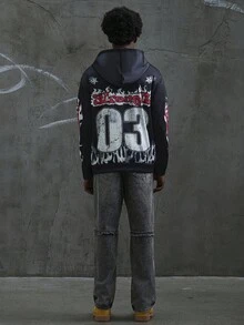 Manfinity Roghcode Sudadera con capucha casual para hombre con estampado numérico y cremallera, abrigo gráfico de vacaciones con manga larga de rapero para uso en otoño, para regalos a amigos, esposo o novio - Negro - Ver 9