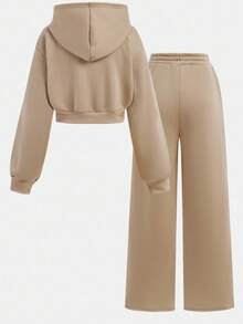 SHEIN Girlism TEENGIRL Gray Hooded Two Pieces Set, Zip-Up Hoodie And Relaxed Fit Pants, Collegiate Style Outfit, Suitable For Back To School, Street Wear Set Outfit For Women Girld Outfit Set Beige Clothes For Teen Girls Full Outfit Set Clothes Set Baige Clothes For Teen Girls