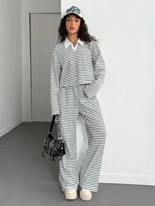 Sparklyn Teen Girls Polo Collar Drop Shoulder Long Sleeve Striped T-Shirt And Pants Casual Outfit, Autumn Fall Winter - Multicolor - View 6