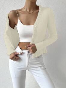 EMERY ROSE Lässige einfarbige Rüschen-Saum Passform Strickjacke, Herbst/Winter