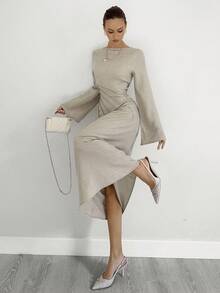 Siren Gaze 女式时尚优雅荷叶边喇叭裙 - 杏色 - 查看 4