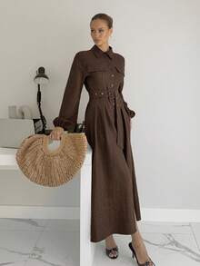 Siren Gaze Vestido casual de manga larga de unicolor para mujer, para ir al trabajo - Café integral - Ver 3