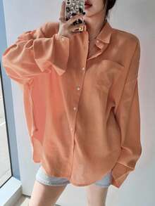 DAZY Áo sơ mi nữ cổ bẻ rộng màu trơn, dáng rộng, áo dài tay thời trang thu đông - Màu Cam cháy - Xem 3