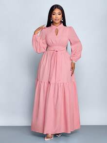 SOLERSUN Vestido largo de línea A con cinturón, de manga larga, cuello mao, abertura frontal, botón de lágrima, diseño de alta gama, para mujer talla grande, color rojo sólido, holgado, elegante, cómodo, casual, apropiado para uso diario, Año Nuevo, otoño, invierno, fiestas, citas, Navidad, 2026, Año Nuevo, San Valentín, verano, rosa