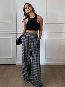 DAZY 女士宽松休闲格子直筒裤，适合商务通勤，简约时尚，秋冬 - 黑色 - 查看 4