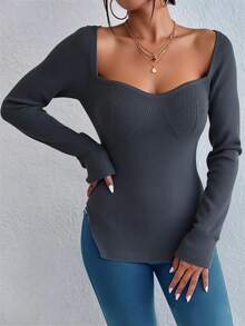 EURMUSE Sweetheart Neck Split Hem Ribbed Knit Sweater - Camel - View 3