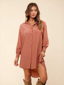 Coeurva Solid Button Front High Low Hem Longline Shirt