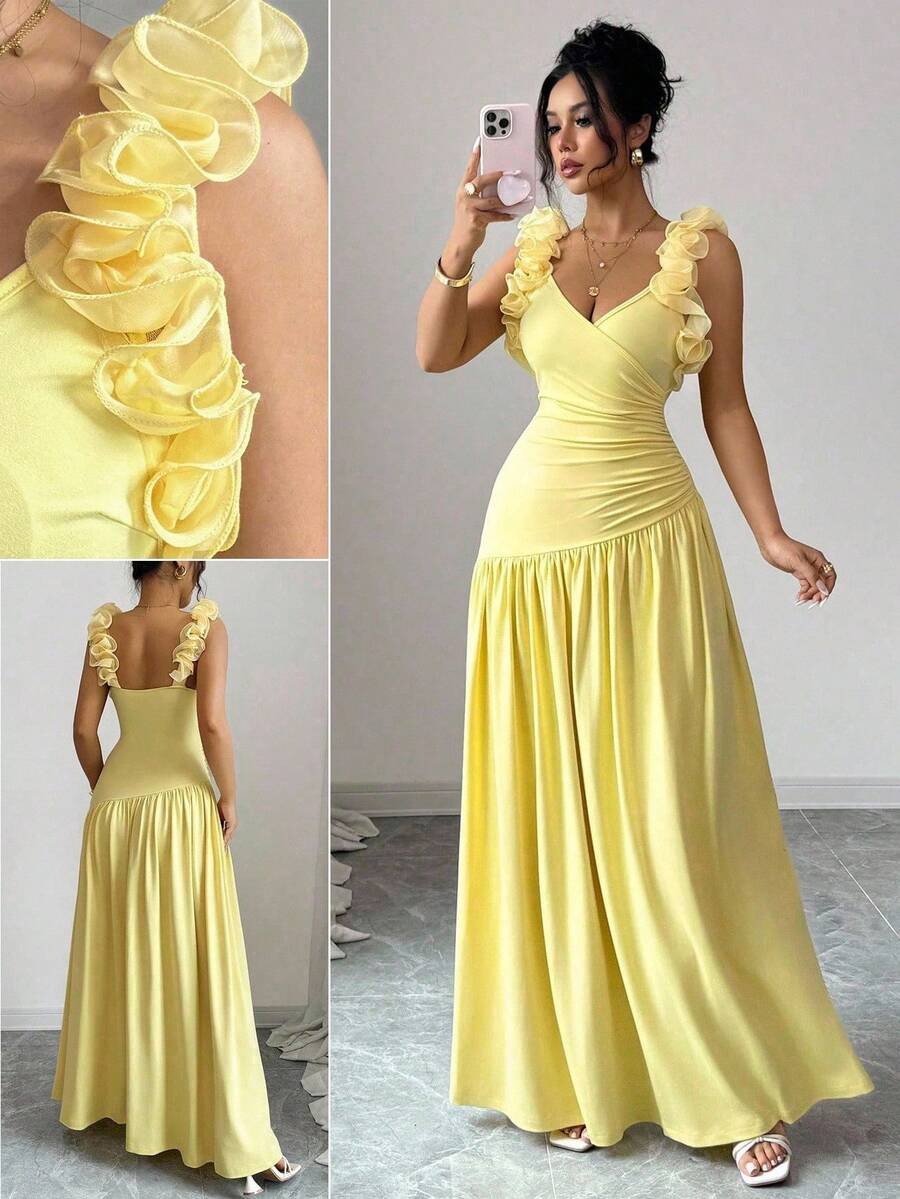 Elenzga Váy họa tiết hoa thanh lịch cổ chữ V thắt eo nhún vai cho nữ, màu vàng kem, thích hợp cho các buổi hẹn hò, lễ hội âm nhạc, tụ họp và nhiều dịp khác, mùa hè - Vàng nhạt - Xem 1