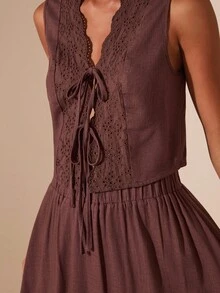 Travachic 2 件套女士纯色梭织无袖背心和宽松腰裙，度假装 - 棕色 - 查看 6