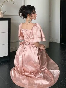 DAZY 夏季婚礼和派对礼服，方领设计，褶皱，高端缎面花卉提花中长连衣裙，适合女士 - 粉色 - 查看 8