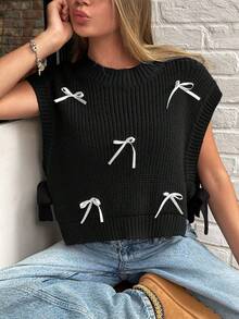 Autumn Casual Bow Decor Side Slit Knit Vest Bow Top Women Knit Top Women Tie Up Top Sweater Top Tassel Top