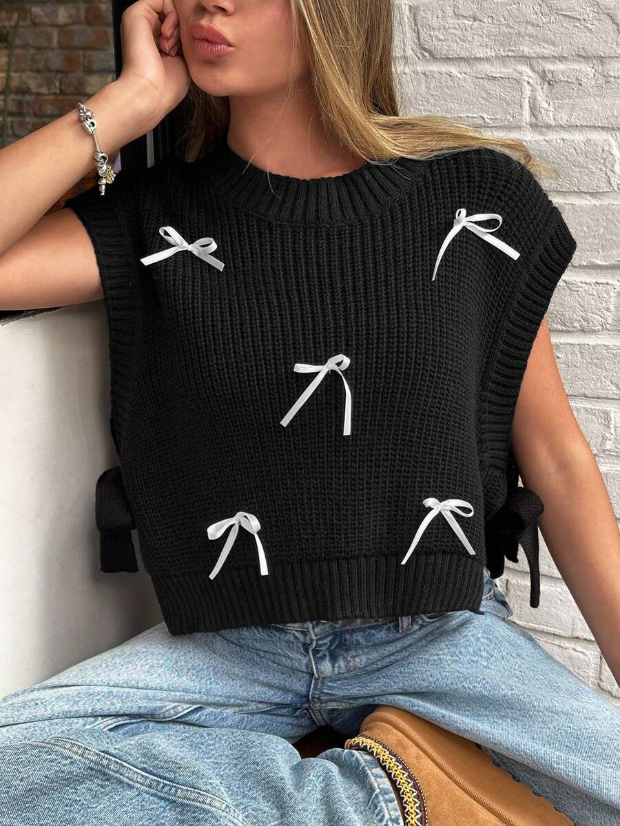 Autumn Casual Bow Decor Side Slit Knit Vest Bow Top Women Knit Top Women Tie Up Top Sweater Top Tassel Top