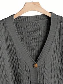 SHEIN LUNE 大码女式纯色 V 领单排扣长袖休闲通勤百搭开衫，酒红色，秋冬 - 深灰色 - 查看 6