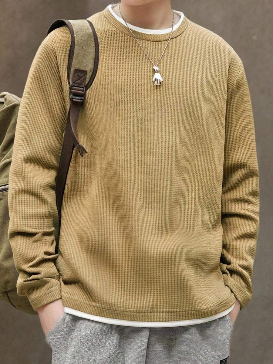 SHEIN Mirajuku Teenage (Boys) Contrast Collar Casual T-Shirt, Spring/Autumn - Brown - View 1