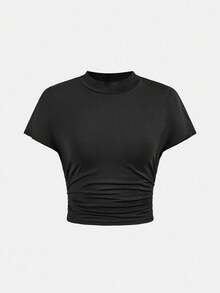 SHEIN 少女春夏纯色黑色立体压花字母图案针织圆领休闲宽松短袖T恤上衣休闲宽松长裤套装,校服,基础款,日常款,适合各种场合,返校,校园风 - 黑色 - 查看 10