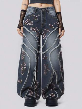 Grunge Punk Jeans évasés à ourlet déchiré avec broderie florale vintage pour femmes