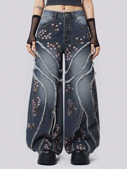 Grunge Punk Jeans évasés à ourlet déchiré avec broderie florale vintage pour femmes
