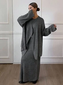 Livesso Women's Loose Jacket And Fitted Dress 2 Pieces Set, Autumn - Grey - View 3